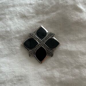 Sterling Silver Onyx and Marcasite Crosshatch Flower Brooch Pin